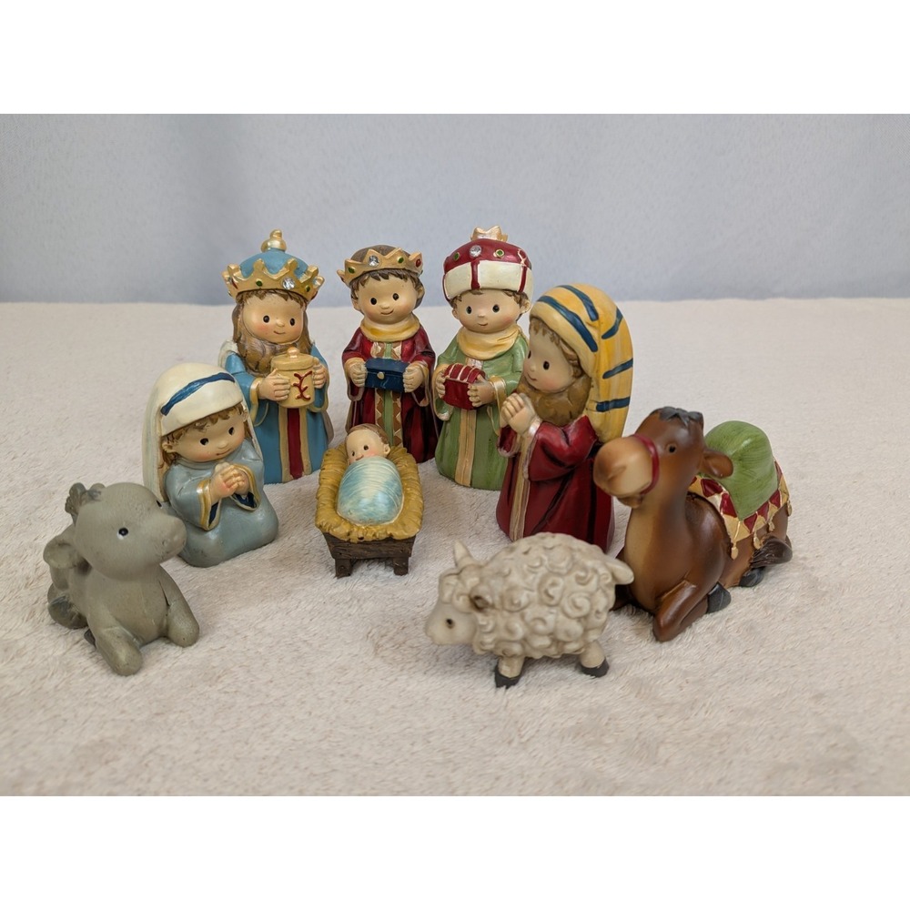 9-Piece Nativity Set Child Style Ceramic Figures Hand Painted Christmas